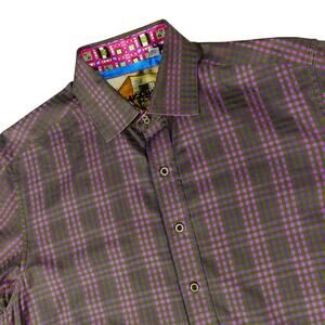 Robert Graham Flip Cuff Mustache Embroidered Geometric Checked Button Shirt L